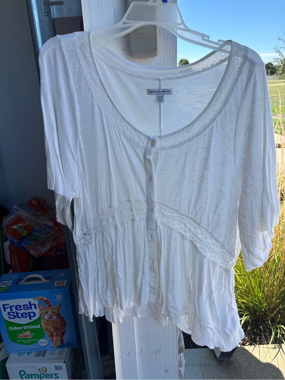 American Eagle White Lace-Trim Button-Front Women's Top